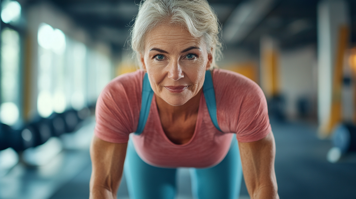 Старші люди використовують фітнес-трекери під час групового тренування