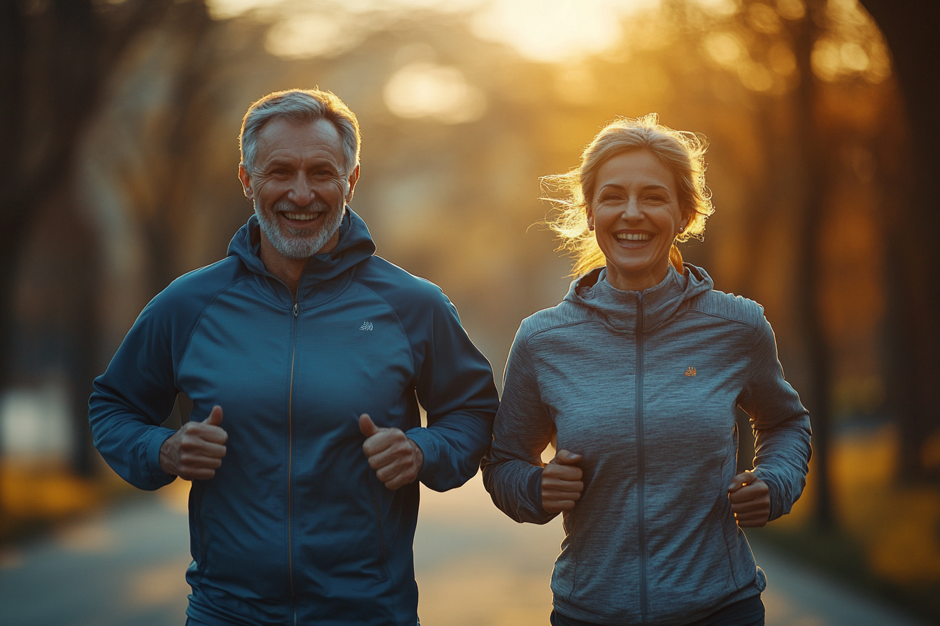 Активні старші люди з фітнес-трекерами на прогулянці в парку